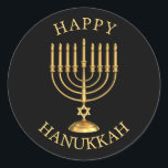 Lycklig Hanukkah Classic Round Sticker Runt Klistermärke<br><div class="desc">Golden Lycklig Hanukkah-klistermärke.</div>