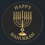 Lycklig Hanukkah Classic Round Sticker Runt Klistermärke<br><div class="desc">Golden Lycklig Hanukkah-klistermärke.</div>