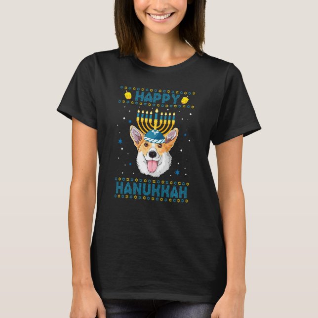 Lycklig Hanukkah Corgi Hund Ugly Hanukkah Sweater T Shirt (Framsida)