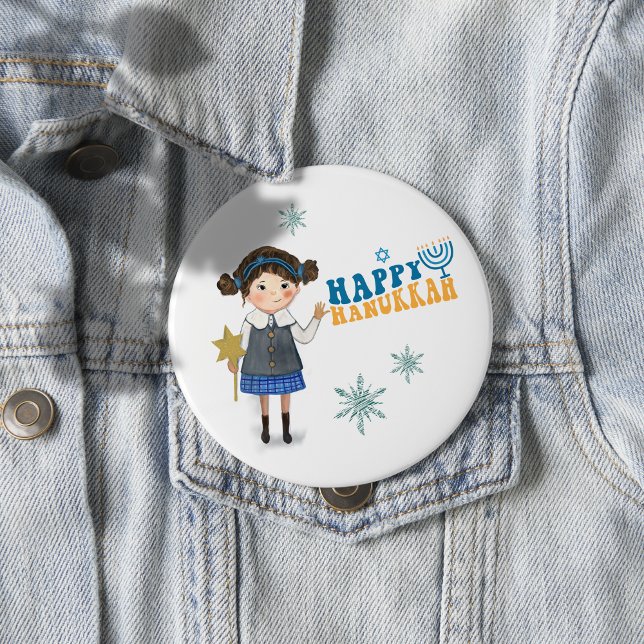 Lycklig Hanukkah Cute Jewish Girl Knapp (Happy Hanukkah Cute Jewish Girl Button)