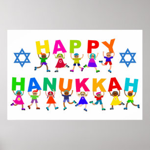 Lycklig Hanukkah Cute Tecknad Diverse Kids Text Poster