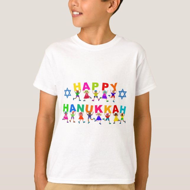 Lycklig Hanukkah Cute Tecknad Diverse Kids Text T Shirt (Framsida)