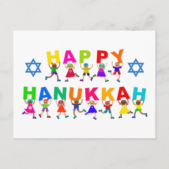 Lycklig Hanukkah Cute Tecknad Diverse Kids Text Vykort (Framsida)