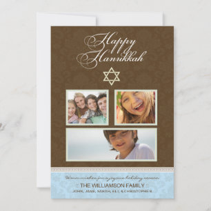 Lycklig Hanukkah Damask-Helgdag-kort (brunt/blått) Julkort