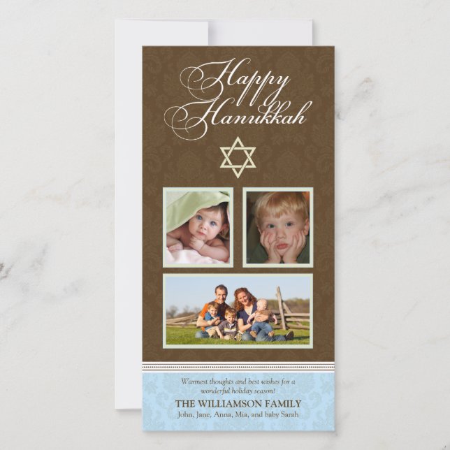 Lycklig Hanukkah Damask Helgdag PhotoCard (blått) Julkort (Framsida)