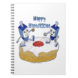 Lycklig Hanukkah Dancing Dreidels Jelly Doughnut Anteckningsbok Med Spiral