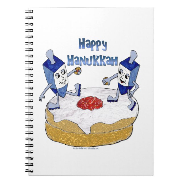 Lycklig Hanukkah Dancing Dreidels Jelly Doughnut Anteckningsbok Med Spiral (Framsidan)