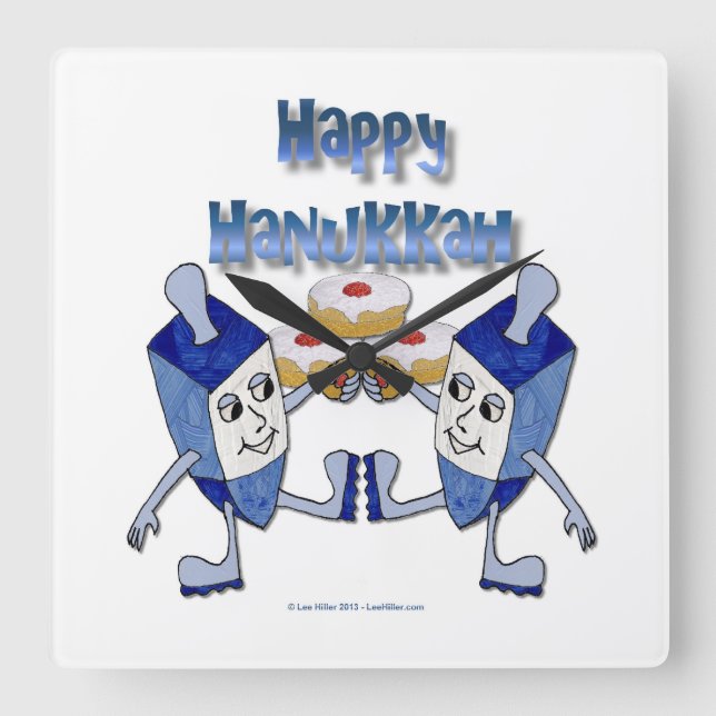 Lycklig Hanukkah Dancing Dreidels Jelly Doughnut Fyrkantig Klocka (Framsida)