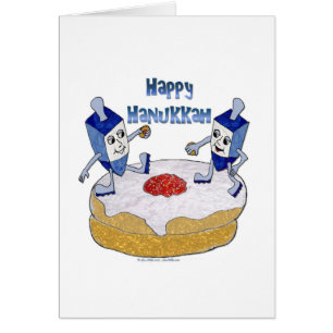 Lycklig Hanukkah Dancing Dreidels Jelly Doughnut Hälsningskort