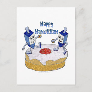 Lycklig Hanukkah Dancing Dreidels Jelly Doughnut Helg Vykort