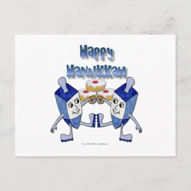 Lycklig Hanukkah Dancing Dreidels Jelly Doughnut Helg Vykort (Framsida)