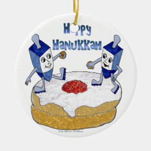 Lycklig Hanukkah Dancing Dreidels Jelly Doughnut Julgransprydnad Keramik