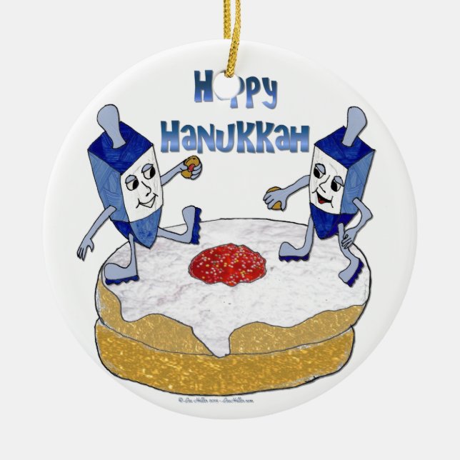 Lycklig Hanukkah Dancing Dreidels Jelly Doughnut Julgransprydnad Keramik (Framsidan)