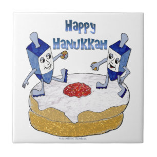 Lycklig Hanukkah Dancing Dreidels Jelly Doughnut Kakelplatta