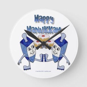 Lycklig Hanukkah Dancing Dreidels Jelly Doughnut Rund Klocka