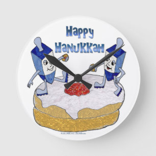 Lycklig Hanukkah Dancing Dreidels Jelly Doughnut Rund Klocka