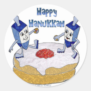 Lycklig Hanukkah Dancing Dreidels Jelly Doughnut Runt Klistermärke