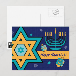 Lycklig Hanukkah. David, Menorah, Dreidels stjärna Helg Vykort