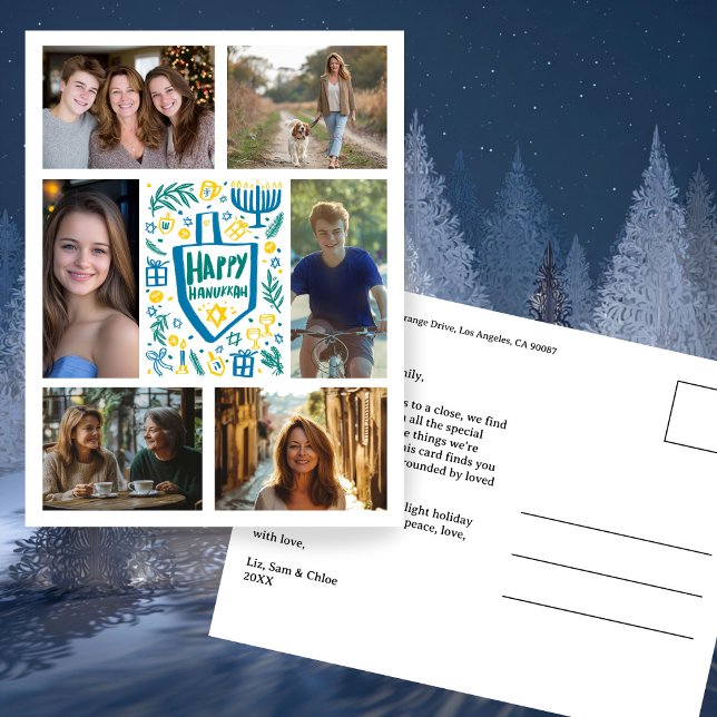 LYCKLIG HANUKKAH Doodle ANPASSNINGSBAR 6 PHOTO Hel Vykort (HAPPY HANUKKAH Doodle CUSTOM 6 PHOTO Collage Family jewish Holiday Postcard
)