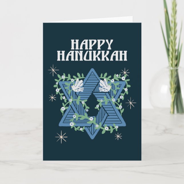 Lycklig Hanukkah Doves of Peace Star of David Helgkort (Framsida)