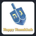 Lycklig Hanukkah Dreidel Fyrkantigt Klistermärke<br><div class="desc">Guld Lycklig Hanukkah-texten med en blå dröm.</div>
