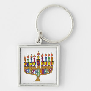 Lycklig Hanukkah Dreidels Menorah Fyrkantig Silverfärgad Nyckelring