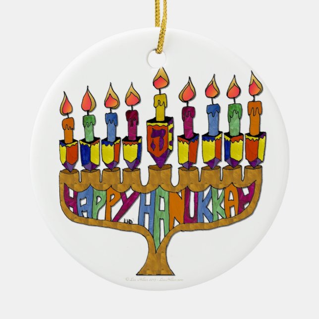 Lycklig Hanukkah Dreidels Menorah Julgransprydnad Keramik (Framsidan)