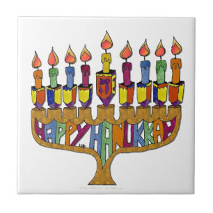 Lycklig Hanukkah Dreidels Menorah Kakelplatta