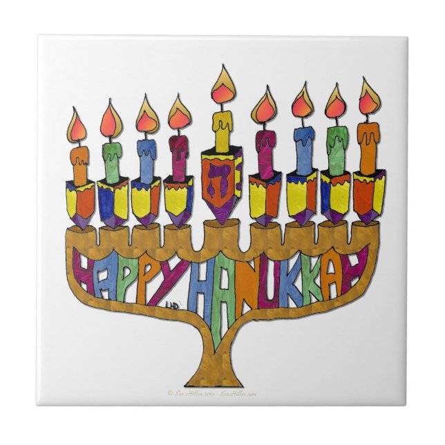 Lycklig Hanukkah Dreidels Menorah Kakelplatta (Framsidan)