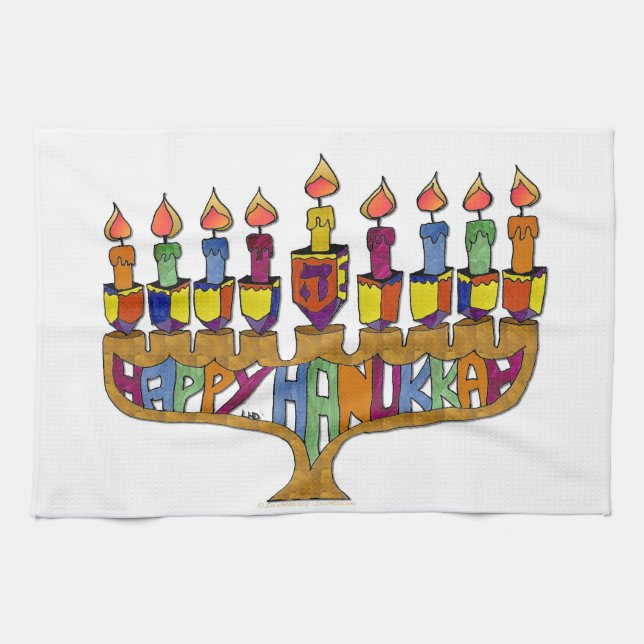 Lycklig Hanukkah Dreidels Menorah Kökshandduk (Horisontell)