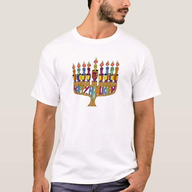 Lycklig Hanukkah Dreidels Menorah T Shirt (Framsida)