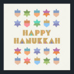 Lycklig Hanukkah Dreidels och Stars Poster<br><div class="desc">En roligt och en festlig Hanukkah-design med färgfulla drömmar och stjärnor. Ett modernt,  icke-traditionellt,  designat och mönster med stiliserade drömmar och stjärnor av David-geometriska former.</div>