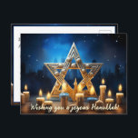🕎 Lycklig Hanukkah, eget namn och text Helg Vykort<br><div class="desc">I den här härliga Hanukkah-scenen är en stillastående blå bakgrund ett steg mot ett glädjande firande. En lysande, gyllene stjärna av David är i centrum och symboliserar enhet och välsignelse. De blå ljusen, elegant arrangerade, kastar en varm glöd som skapar en atmosfär av lugn. Anpassadet på bildens framsida lyder: "Önskar...</div>