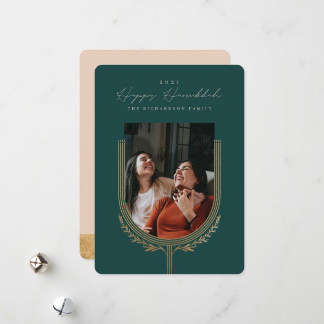 Lycklig Hanukkah Elegant Golden Menorah Photo Arch Julkort (Fram/Back In Situ)