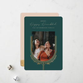 Lycklig Hanukkah Elegant Golden Menorah Photo Arch Julkort