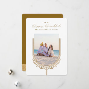 Lycklig Hanukkah Elegant Golden Menorah Photo Arch Julkort