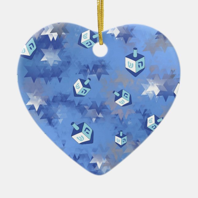 Lycklig Hanukkah Falling Star och Dreidels Julgransprydnad Keramik (Framsidan)