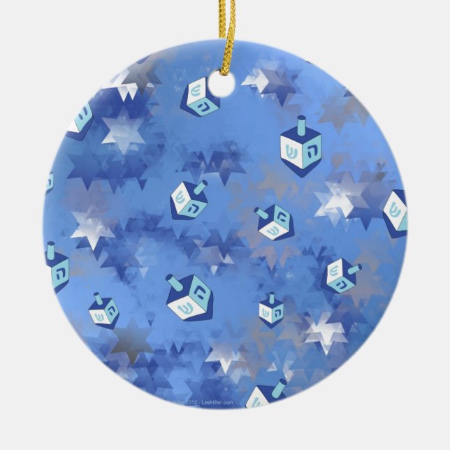 Lycklig Hanukkah Falling Star och Dreidels Julgransprydnad Keramik (Framsidan)
