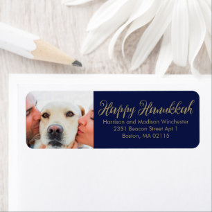Lycklig Hanukkah-familjens fotoskript mörk navy bl Returadress Etikett