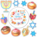 Lycklig Hanukkah-festivalen Party Helgdag Symbols Klistermärken<br><div class="desc">Chanukkah-etiketter har satts fast. Lycklig Hanukkah Party judisk Helgdag Menorah, Donuts, Dreidel. Judiska Helgdag Chanukkah-Dekorationen med traditionell dekorationssymbol för Chanuka - Färgfull Tecknad Hanukkiah-menorah, ljusskygghet med ljus, Donuts, Wooden Dreidel (spinning top leksak)-stjärnan av David och glappande illustration av ljus. Hanukkah Festival of ljus Event Dekoration. Jerusalem, Israel. Crafts & Party...</div>