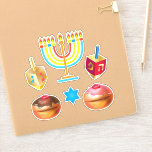 Lycklig Hanukkah-festivalen Party Helgdag Symbols Klistermärken<br><div class="desc">Chanukkah-etiketter. Lycklig Hanukkah Party judisk Helgdag Menorah, Donuts, Dreidel. Judiska Helgdag Chanukkah-Dekorationen med traditionell dekorationssymbol för Chanuka - Färgfull Tecknad Hanukkiah-menorah, ljusskygghet med ljus, Donuts, Wooden Dreidel (spinning top leksak)-stjärnan av David och glappande illustration av ljus. Hanukkah Festival of ljus Event Dekoration. Jerusalem, Israel. Crafts & Party Supplies > Gift...</div>