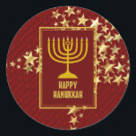 LYCKLIG HANUKKAH Festive Stars RED Runt Klistermärke<br><div class="desc">Snyggt Festive HANUKKAH-klistermärken med faux guld-stjärnor. HELGDAG BLESSINGS visas i subtil bakgrund mönster.</div>