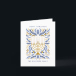 Lycklig Hanukkah Festive Watercolor Menorah Blommi Helgkort<br><div class="desc">Lycklig Hanukkah! Skicka Hanukkah hälsning till familj och vänner med det här eleganten-vikta kortet. Den har vattenfärgen Menorah och elegantens andningsblad i en sofistikerad palett av guld,  ljusblått och marinblått. Anpassa kortet med ditt favoritmeddelande och två linjer anpassningsbar text för att lägga till en personlig beröring till helgdag.</div>