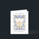 Lycklig Hanukkah Festive Watercolor Menorah Blommi Helgkort<br><div class="desc">Lycklig Hanukkah! Skicka Hanukkah hälsning till familj och vänner med det här eleganten-vikta kortet. Den har vattenfärgen Menorah och elegantens andningsblad i en sofistikerad palett av guld,  ljusblått och marinblått. Anpassa kortet med ditt favoritmeddelande och två linjer anpassningsbar text för att lägga till en personlig beröring till helgdag.</div>