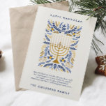 Lycklig Hanukkah Festive Watercolor Menorah Blommi Julkort<br><div class="desc">Lycklig Hanukkah! Skicka Hanukkah hälsning till familj och vänner med elegantens platta kort. Den har vattenfärgen Menorah och elegantens andningsblad i en sofistikerad palett av guld, ljusblått och marinblått. Anpassa kortet med ditt favoritmeddelande och två linjer anpassningsbar text för att lägga till en personlig beröring till helgdag. Kortet återgår till...</div>
