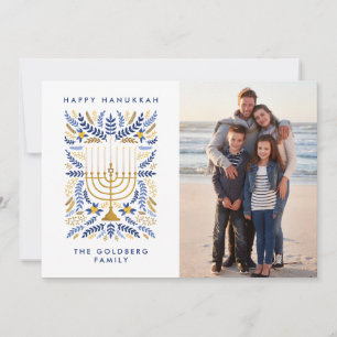 Lycklig Hanukkah Festive Watercolor Menorah Photo Julkort