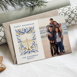 Lycklig Hanukkah Festive Watercolor Menorah Photo Julkort