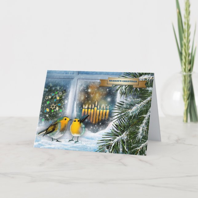 Lycklig Hanukkah. Fönsterscen i snö med Menorah Helgkort (Framsida)