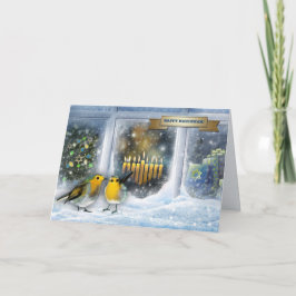 Lycklig Hanukkah. Fönsterscen i snö med Menorah Helgkort