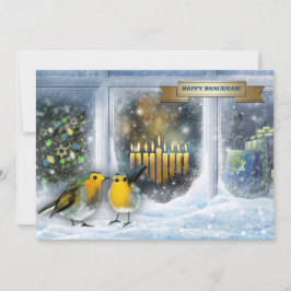 Lycklig Hanukkah. Fönsterscen i snö med Menorah Julkort